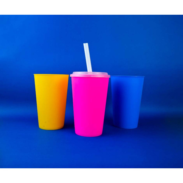 Vaso Reutilizable 500cc Fucsia con tapa y bombilla | Frutaplas | Reutilizables
